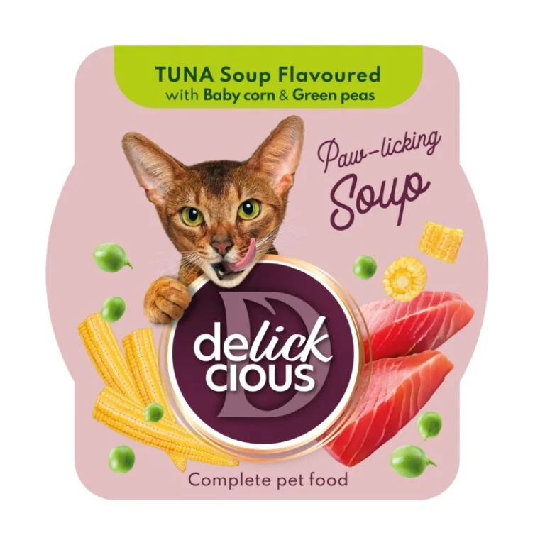 86DC204-768x768 Υγρή Τροφή Γάτας Delickcious Σούπα με Τόνο, baby Καλαμπόκι και Αρακά 80gr - Image 1